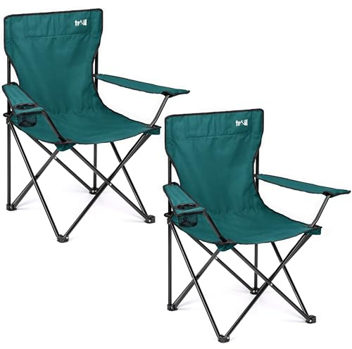 Trail Folding Camping Chairs with Cup Holders, 2 Pack, 100kg Capacity, Teal | Tubular Steel Frames, Fast-Drying Polyester, Cup Holder Armrests, Carry Bags Included