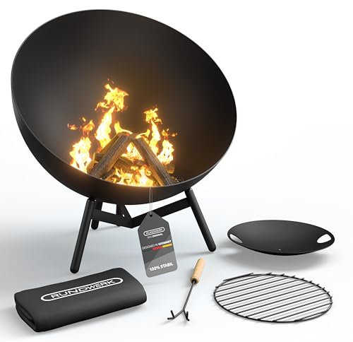 Rundwerk® Feuerschale - Ø 60cm - Geneigte & horizontale Position - Outdoor Garten Feuerstelle - Ideal für Terrasse – firebowl - Wetterfest, Funkenschutz und Windgeschützt - Stahl - schwarz