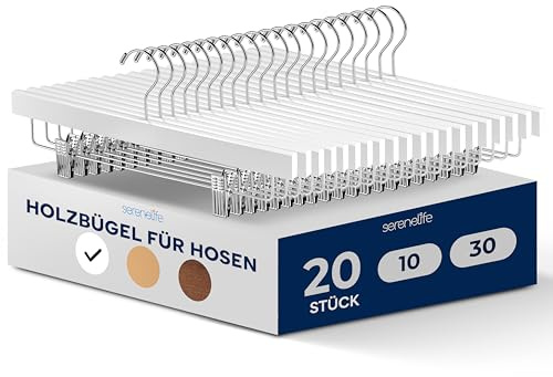 SereneLife Hosenbügel Klemmbügel, Kleiderbügel Holz 20 Stück, Rockbügel mit 360 ° Schwenkhaken & Verstellbare Clips, Robust, rutschfest & Platzsparend bis 4,5Kg, Hangers Clothes Weiß