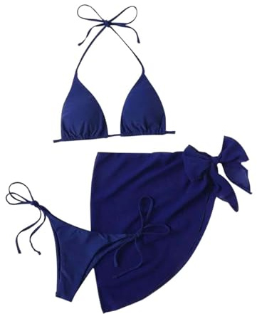 T Shirt L Ensemble de 3 pièces avec haut de bikini uni triangle à nouer Pantalon jupe pour femme Pull Tops, bleu, L
