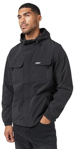 Closure London Men’s Crinkle Nylon Jacket – Lightweight Urban Windbreaker with Multiple Zip Pockets, Adjustable Hem, Bungee Cords & Crinkle Texture – Water-Resistant Street Style Outerwear Black M
