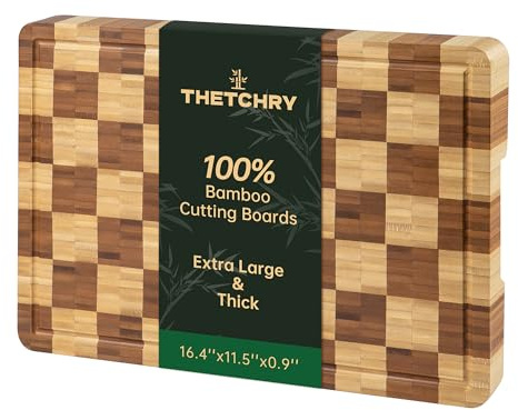 Bamboo Cutting Boards for Kitchen, End Grain Wood Cutting Board with Juice Grooves & Handles, Charcuterie Checkered Chopping Board Thick Butcher Block Serving Tray with Gift Box, 16.4×11.5× 1