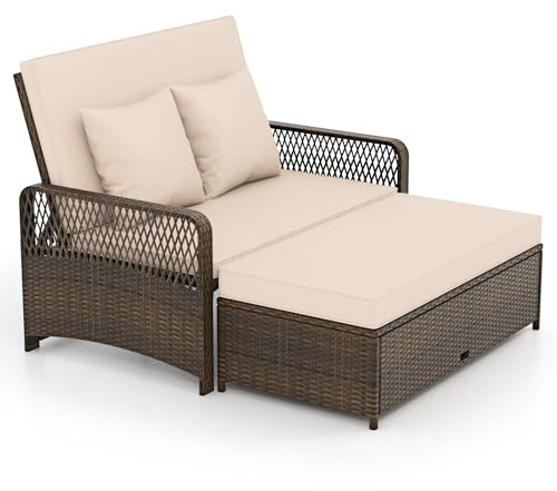 Multigot Patio Rattan Daybed, Garden Double Sun Bed Lounger | 2-Piece Outdoor Wicker Loveseat Sofa Furniture Set with 4-Level Adjustable Backres, Storage Ottoman, Cushions & Pillows