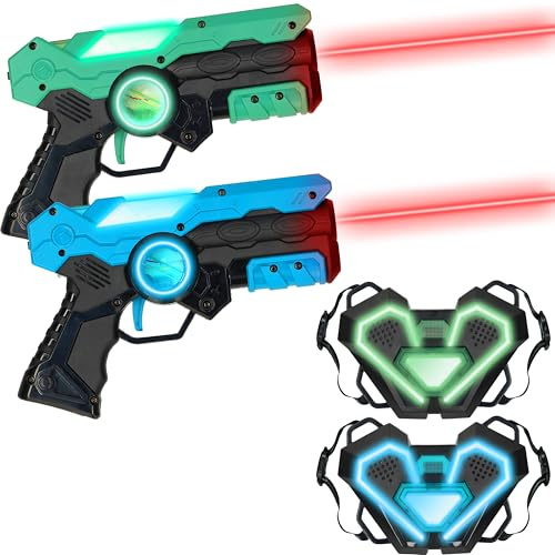 Silvergear® Laser Pistola | Gioco Laser Blaster | Set 2 Pistole + 2 Gilet | Portata 15 m | Suoni e Vibrazioni | Interno/Esterno | Bambini dai 6 Anni | Gilet Regolabili | Blu e Verde