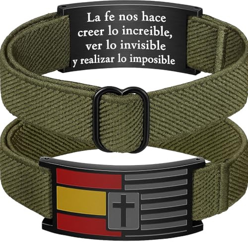 Pulsera España Militar-Pulseras de hombre elásticas con cierre ajustable hasta 25 cm-Brazalete acero inoxidable bandera española y cruz fe cristiana-Regalo personalizado con bolsa(VERDE MILITAR)