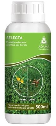 SELECTA 500 ml Prodotto ad azione selettiva per prati e manti erbosi Uso e Dosi : diluire ml 150 in 4 lt d'acqua da distribuire in una superficie di 10 mq adama