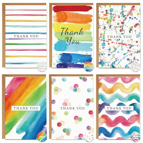 24 Thank You Cards 300gsm Textured Cardstock Multipack | with Envelopes Stickers 6 Watercolour designs10 x 15cm Appreciation Blank Inside for Teachers, Weddings, Kids