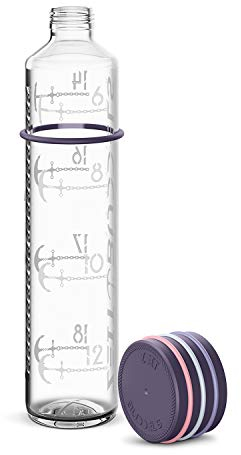 Glasflasche 1000 ml mit Uhrzeit, Zeiteinteilung 1 l Trinkflasche mit Zeitmarkierung Trinkerinnerung, Kohensäure geeignet, BPA frei, auslaufsicher, bruchsicher, NAVIGATOR, Zeitbuddels, Lila