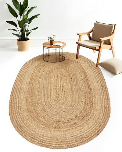 carpetfine Juteteppich Nele Beige handgewebt aus Jute 80x150 cm | Oval Naturfaserteppich im Boho Style für Wohnzimmer, Küche und im Flur