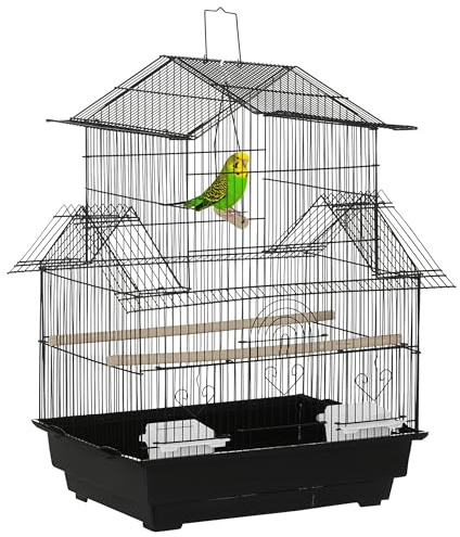 PawHut Jaula para Pájaros de Acero Pajarera con Comederos Perchas Columpio y Bandeja Extraíble Jaula Grande para Loros Canario Periquito 50,5x41x63 cm Negro