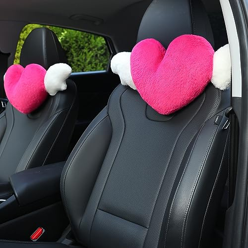 2 Pack Heart Shaped Cute Car Headrest Pillow with Angel Wings - Comfortable Soft Head Rest Cushion Kawaii Car Accessories Neck Pillow for Driving Travelling Office Home Decor - Rose Red Love Heart
