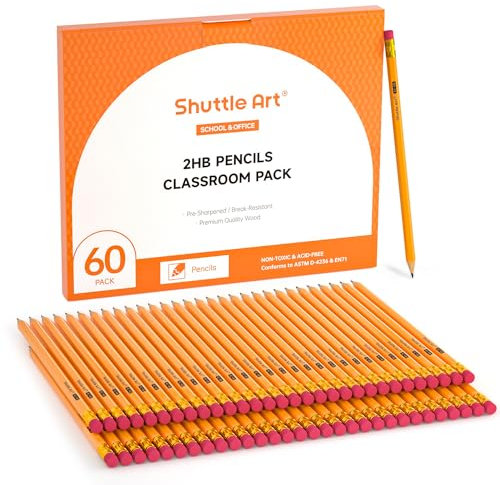 Shuttle Art HB Bleistifte, 60 Stück vorgespitzte gelbe Bleistifte mit Radiergummi, Graphitstifte in Großverpackung, bleistifte set für Kinder und Erwachsene zum Schreiben, Zeichnen und Skizzieren