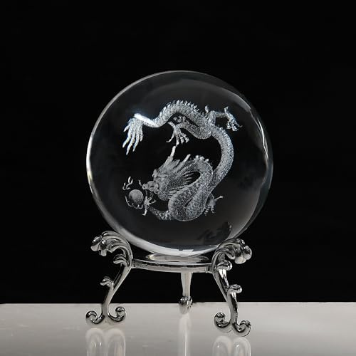 QIANCHANG 3D Dragon Crystal Ball with Stand, 60mm Decorative Glass Sphere, Chinese Dragon Ball Figures Gifts for Men Kids Adults
