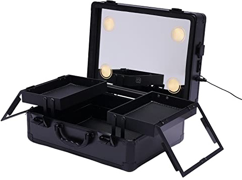 Schminkkoffer Verstellbare Schminktisch Make-up Koffer Kosmetik-Zug Tisch Lichter Pro-Schminkstation,Schminkkoffer mit individuellen Unterteilungen (Schwarz)