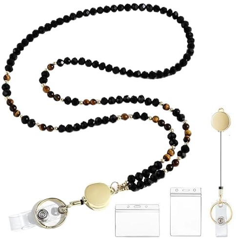 Joalpysm Beaded Lanyard, Natural Stone Beaded Lanyards for Women, Personalised Retractable Teacher Lanyards for Neck with ID Holder, Lanyard Personalised for Students, Employees, and Doctors