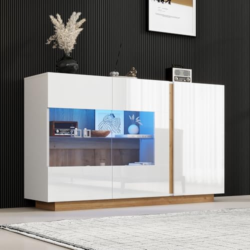 BTM Buffet de Salon avec LED, Armoire de Rangement avec 3 Portes, Buffet LED Moderne, Portes en Bois et en Verre, Blanc Brillant