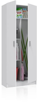 duehome | Armario Multiusos, Escobero, 2 Puertas, Modelo Multi Useful, Acabado en Color Blanco Mate, Medidas: 73 cm (Ancho) x180 cm (Alto) x 37 cm (Fondo)
