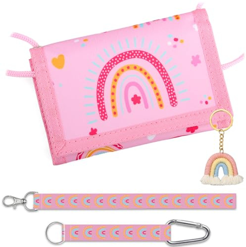Portafoglio Bambina Arcobaleno con Portachiavi, Portamonete a Tre Pieghe per Ragazze, Set Regalo Pratico (3 Cinturini), Nylon resistente e impermeabile - Ideale per Compleanni o Inizio Scuola