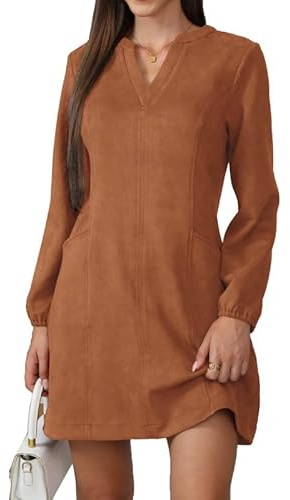 JayscreateEU Robe pour femme avec poches, manches longues, col en V, robe d'automne et d'hiver, longueur genou, tunique, lignes A, robe chemise avec poches, manches longues, robe d'automne, marron, L