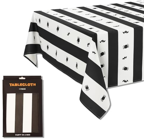 Halloween Table Cloth Premium Quality - Halloween Party Tablecloth Black & White, 264 x 175, Large & Rectangular Paper Party Table Cover w Bat & Spider Designs, Water-Resistant - Limited Edition