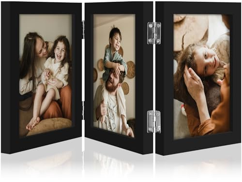 decorUhome Triple 4x6 Picture Frame Vertical, Engineered Wood Trifold Photo Frame with Plexiglass for Tabletop Display, 4x6, Black