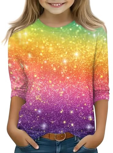 Kids Sequin Print Crew Neck Top with 3/4 Sleeve, Girls Glitter Rainbow Pullover Shirt for Teens Streetwear and School Celebrations, Boys Sparkly Casual Long Sleeve Tee