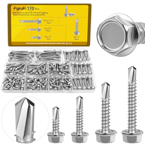 Fgruh 170Pcs #8#10 Self Tapping Screws for Metal, #8x1/2'' 3/4'',#10x1'' 1-1/2'' Hex Washer Head Self Drilling Screws Assortment Kit, 410 Stainless Steel Sheet Metal Screw Silver