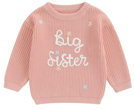 Haomibacu Little Kid Baby Girls Warm Knitted Sweater Big Sister Jumper | Little Baby Girls Warm Fall Winter Knitwear Big Sister Letter Embroidery Jumper Long Sleeve Sweater Crew Neck Pullover Top