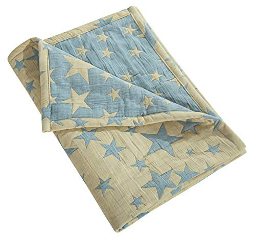 NTBAY 3 Layer Muslin Cotton Toddler Blanket, 76x102 cm, Blue Yellow Star | 3 Layer Baby Muslin Cotton Design, Nursery Bed Blanket for Crib, Soft and Thermal Cot Gift, Jacquard Reversible