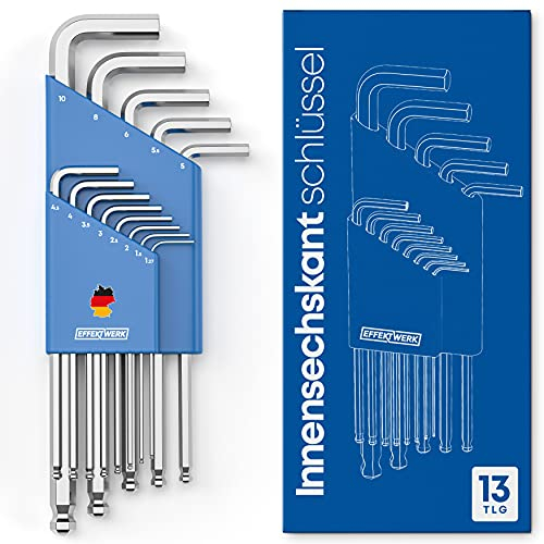 EFFEKTWERK - Juego de llaves hexagonales 13-Piece - 1,27-10 mm - Juego de hexágonos de extremo de bola de brazo largo con mango plegable para bicicletas - Llave hexagonal para reparación eléctrica