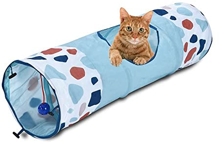 KEFI animals Tiere Katzenspieltunnel TERAZZO, Spielzeug, faltbar, Rascheln, Kugel, Rassel, Dreiwege, 90x25cm, 100% Polyester