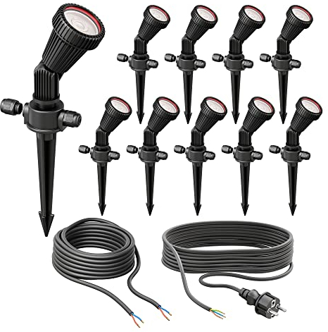 ledscom.de 10er Set Gartenstrahler mit Erdspieß PIRK für außen, IP44, schwarz, Stecker, inkl. GU10 LEDs je 468lm warmweiß