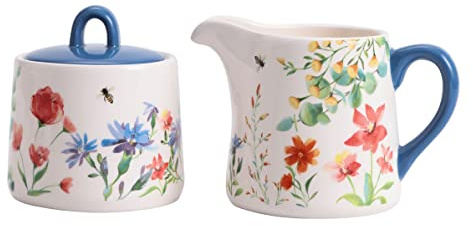 Bico Summer Provence Ceramic Sugar and Creamer Set, Sugar Bowl with Lid, Cute Container for Coffee Bar, Kitchen Countertop Accessories, Microwave and Dishwasher Safe
