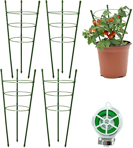 SISAY Rankhilfe Kletterpflanzen Garten 4er Set, 45cm Pflanzenstütze Rund Klein mit Drehbinder, Klappbare Pflanzenhalter Pflanzenkäfig Rankstütze Rankgitter für Gemüse Obstbaum Blumen