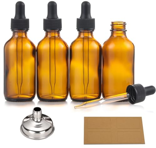4 Pack, 2 oz Bottles with Dropper & 1 Funnel & 4 Labels - Essential Oils Bottles for Health, Personal Care & Beauty - 60ml Thick Dark Amber Glass Tincture Bottles, Refillable Cosmetic Containers