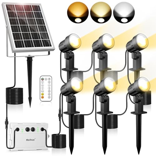 MEIHUA Spot Solaire Exterieur Lot de 6 2700K 4000K 6000K Lampe Solaire avec Télécommande IP66 Étanche 3 Luminosité 2 Modes Dynamiques Minuterie Lumière Exterieur pour Jardins Chemins Halloween Noël