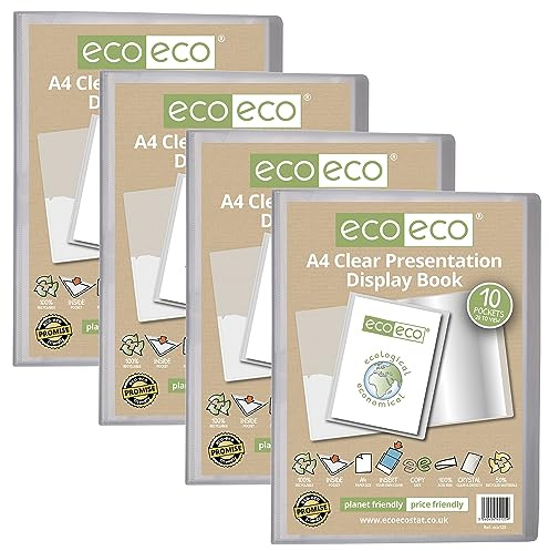 eco-eco A4 storlek 50 procent återvunnen 10 fickor klar presentationsbok, förvaringsfodral, portfölj, konstmapp med plastärmar, 4-pack, eco125 x 4