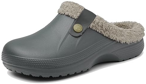 Meik Mangni Clogs Gefüttert Damen Herren Winter Gartenclogs mit Fell Warm Hausschuhe Frauen Geschlossen Pantoffeln rutschfeste Plüsch Pantoletten,Grau Gr.40-41 EU