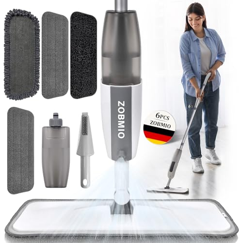 ZOBMIO Wischer mit Sprühfunktion, Bodenwischer mit 4 Waschbaren Mikrofaserbezug, mit 300ml Wassertank Wischmopp, Bodenwischer mit Sprühfunktion für Schnelle Reinigung Hartholz, Laminat, Fliesen