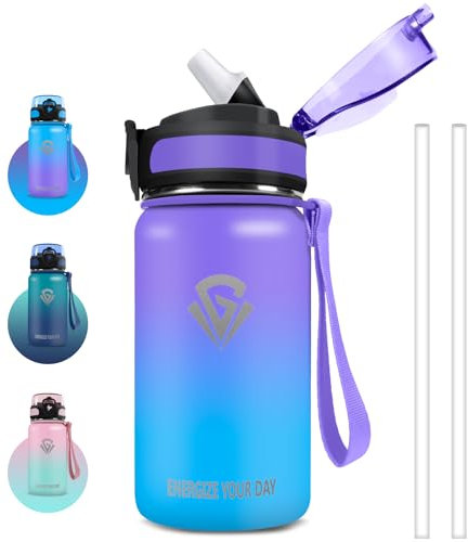 Grsta Botella Agua Acero Inoxidable, 500ml Botella Agua Niños, Termo con Pajita sin BPA, Botellas agua Niños Colegio, Doble Aislamiento al Vacío, Botella Termica para Escuela, Gym, Oficina