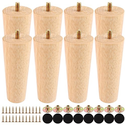 LDXDRU 8 Stück 12cm Eiche möbelfüße Holz Möbelfuß Massivholz Holzfüße für Möbel mit Montageplatten, Schrauben und Gummipads, Holz Möbelfüße Tischbeine für Sofa Bett Schrank Couch Ottomane