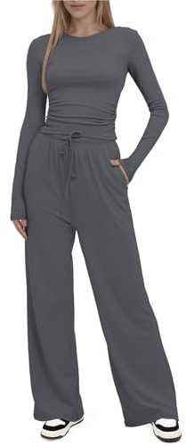 SotRong Womens 2 Piece Loungewear Set Long Sleeve Crop Top & Wide Leg Pants Comfy Casual Drawstring Leisure Outfit Cozy Cotton Pyjama Set for Home Yoga Travel Light Grey M
