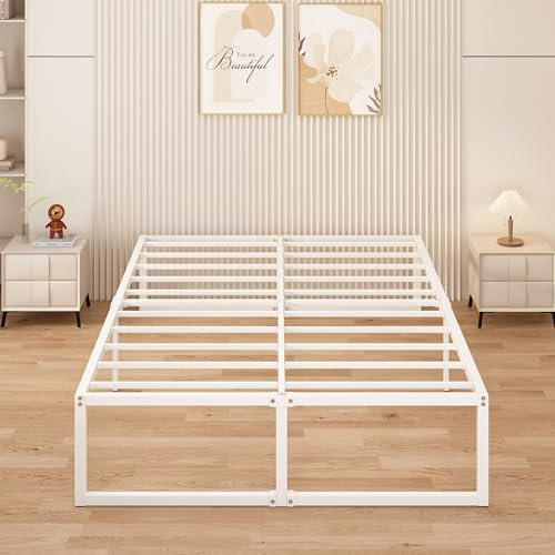 Yicensen Cama de Metal de 150 x 190 cm con Somier de Láminas de Metal, 41 cm de Altura, Marco de Camas Matrimoniales, Montaje Fácil, Estable, Blanco