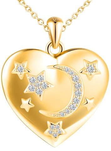 MICSAVI Collana Stella Luna Medaglione Portafoto in Argento 925 per Donne, Ciondolo Cuore con Zirconi, Catena 45+5cm Collana di Foto Personalizzata per Mamma Ragazze Fidanzata