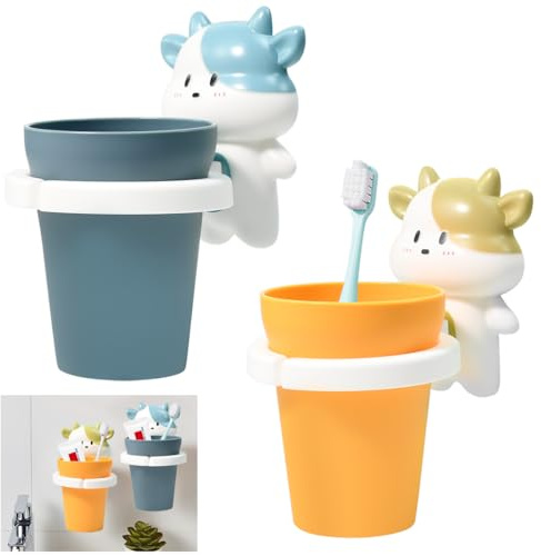 Zuxbolf 2 Pz Porta Spazzolini con Animali,Porta Spazzolino Bambini,Bicchiere Porta Spazzolino Facilmente Applicato su Qualsiasi Superficie Liscia
