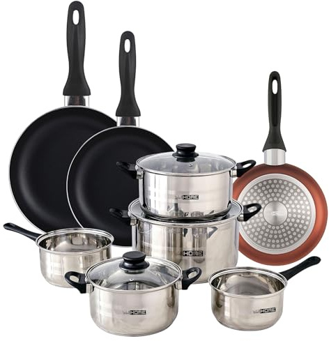 Urban Cook Set de Batería de cocina de 8pc en acero inoxidable + 3 Sartenes Ø16Ø20Ø24cm Cobre metalizado en aluminio prensado