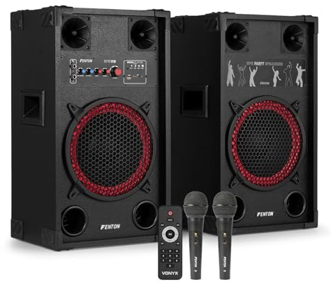 Fenton SPK-110 10-Inch Bluetooth Karaoke Speaker System with Dual Wired Microphones, USB/SD Playback & Adjustable Echo Controls - Powerful 600W Home Party Speakers for Adults
