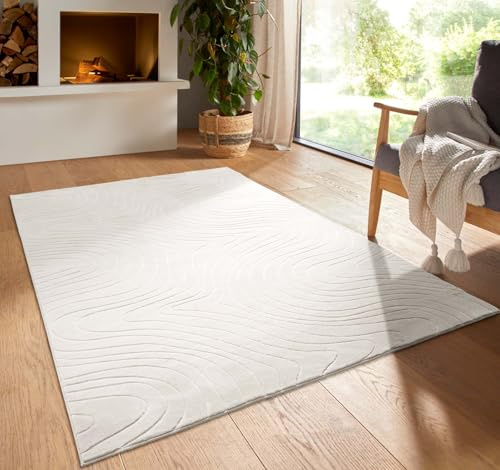 Kurzflor Boho Vintage Teppich waschbar, pflegeleicht geeignet für Wohnzimmer, Schlafzimmer und Kinderzimmer Kinderteppich auch als Badematte Badzimmerteppich Creme abstrakte Wellen 160x230 cm