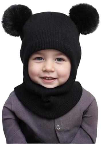 Homefantasy Gorros para Niño Niña Bebé Otoño Invierno Gorros Y Bufandas 2 En 1, Gorro con Pompón Doble Lindos Pasamontañas, para Pequeños Niños Niñas 1-8 Años(Negro)