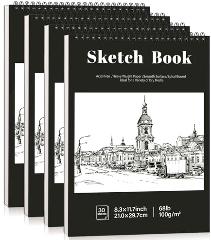 Wsicse A4 Spiral Sketchbook 4 Pack, 30 Sheets, Hardback, Dark Green | 100gsm Acid-Free Paper, Top Spiral Binding, Sturdy Hardcover, Dry Media Use, Travel And Classroom Sketching